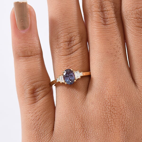 Luxuriant AAA Lab Grown Alexandrite And Lab Grown Diamond G-H SI 1.20 Ctw Twilight Grace Ring In 18K Vermeil Yellow Gold Over Sterling Silver