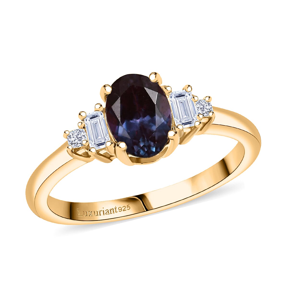 Luxuriant AAA Lab Grown Alexandrite and Lab Grown Diamond G-H SI 1.20 ctw Twilight Grace Ring in 18K Vermeil Yellow Gold Over Sterling Silver