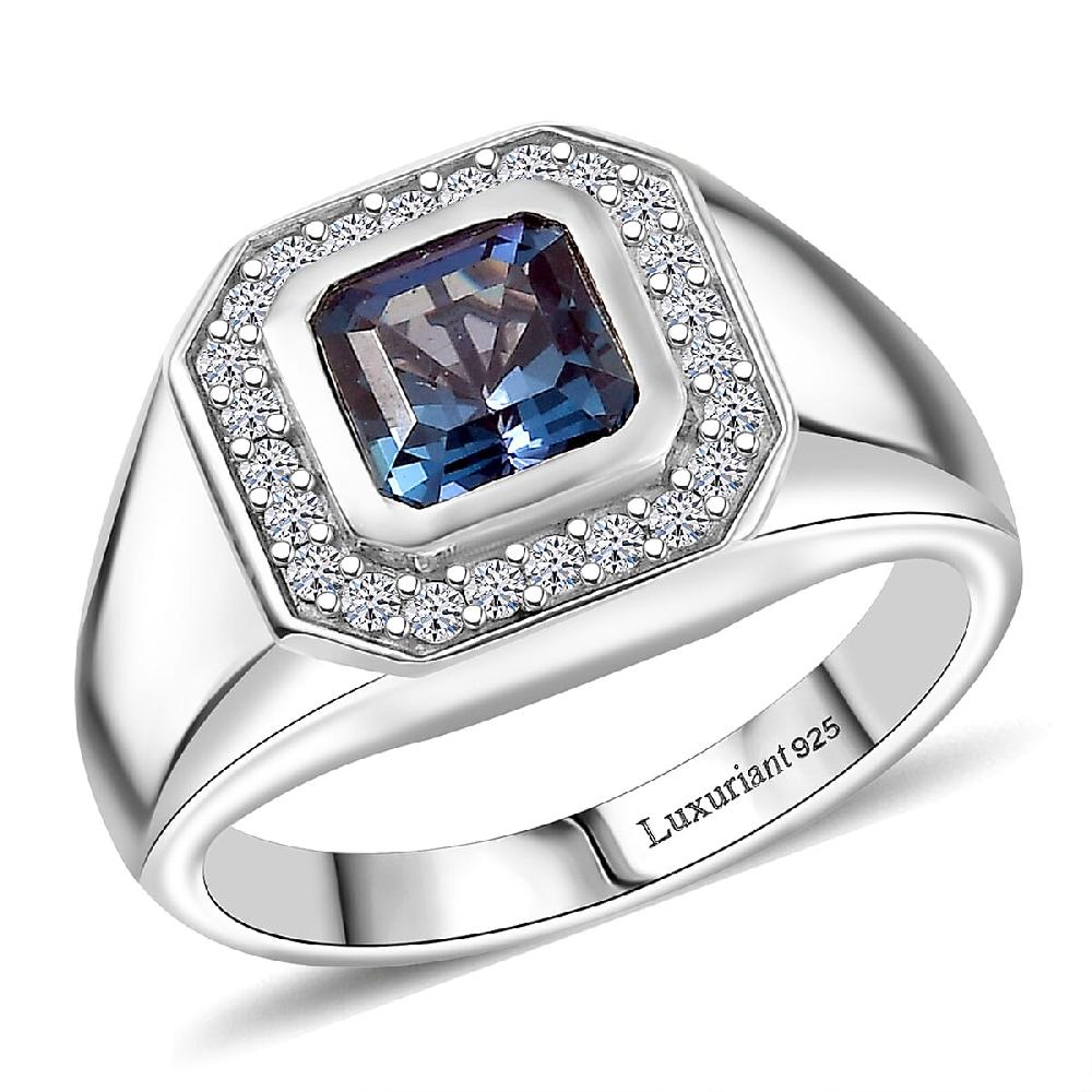 Luxuriant AAA Lab Grown Alexandrite and Lab Grown Diamond G-H SI 2.40 ctw Eclipse Valor Men's Ring in Rhodium Over Sterling Silver