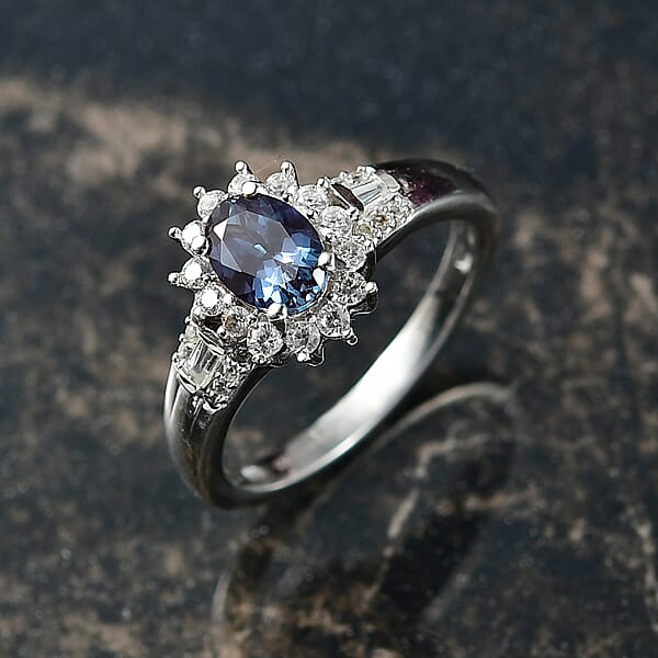 Luxuriant AAA Lab Grown Alexandrite And White Zircon 1.60 Ctw Midnight Whisper Ring In Rhodium Over Sterling Silver
