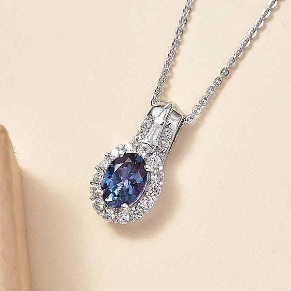 Luxuriant AAA Lab Grown Alexandrite And White Zircon 1.60 Ctw Midnight Whisper Pendant Necklace In Rhodium Over Sterling Silver 20 Inches