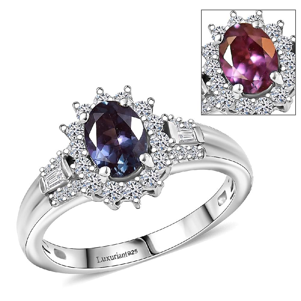 Luxuriant AAA Lab Grown Alexandrite and White Zircon 1.60 ctw Midnight Whisper Ring in Rhodium Over Sterling Silver