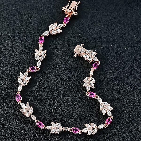 Luxuriant Bixbite (LG) And White Zircon 7.60 Ctw Floral Vine Bracelet In 18K Vermeil Rose Gold Over Sterling Silver (7.25 In)