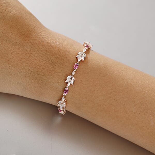 Luxuriant Bixbite (LG) And White Zircon 7.60 Ctw Floral Vine Bracelet In 18K Vermeil Rose Gold Over Sterling Silver (7.25 In)