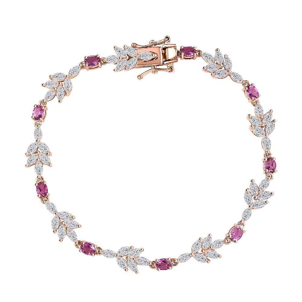 Luxuriant Bixbite (LG) and White Zircon 7.60 ctw Floral Vine Bracelet in 18K Vermeil Rose Gold Over Sterling Silver (7.25 In)