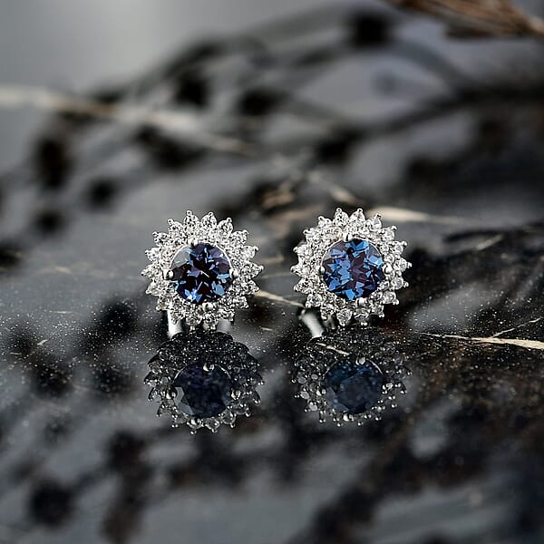 Luxuriant Lab Grown Alexandrite And White Zircon 2.20 Ctw Daybreak Halo Earrings In Rhodium Over Sterling Silver