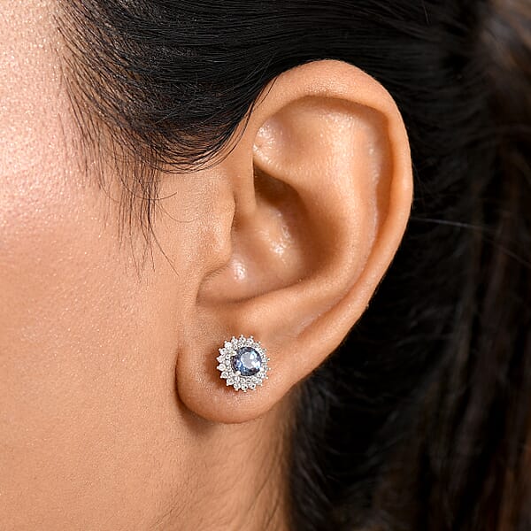 Luxuriant Lab Grown Alexandrite And White Zircon 2.20 Ctw Daybreak Halo Earrings In Rhodium Over Sterling Silver