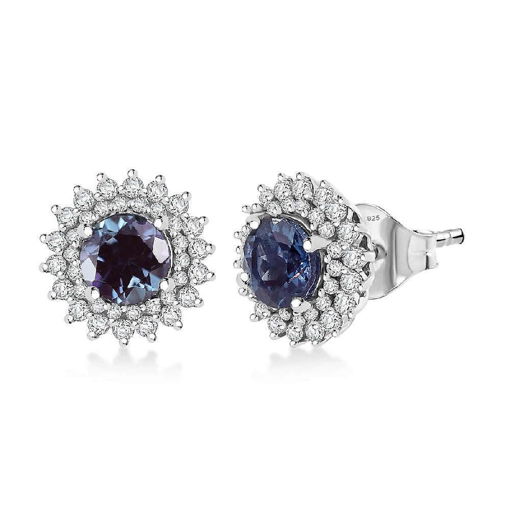 Luxuriant Lab Grown Alexandrite and White Zircon 2.20 ctw Daybreak Halo Earrings in Rhodium Over Sterling Silver