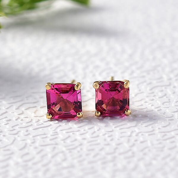 Luxuriant Lab Grown Bixbite 1.20 Ctw Earrings In 18K Vermeil Yellow Gold Over Sterling Silver