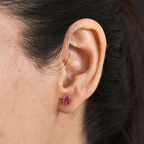 Luxuriant Lab Grown Bixbite 1.20 Ctw Earrings In 18K Vermeil Yellow Gold Over Sterling Silver