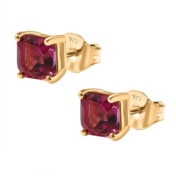 Luxuriant Lab Grown Bixbite 1.20 Ctw Earrings In 18K Vermeil Yellow Gold Over Sterling Silver