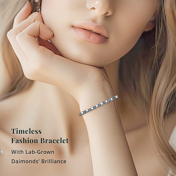 Luxuriant Lab Grown Blue Diamond (IR) And Lab Grown White Diamond SI 3.00 Ctw Midnight Ice Bracelet In Rhodium Over Sterling Silver (6.50 In)