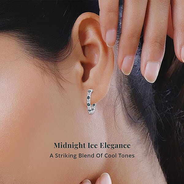Luxuriant Lab Grown Blue Diamond (IR) And Lab Grown White Diamond SI 1.85 Ctw Midnight Ice Hoop Earrings In Rhodium Over Sterling Silver