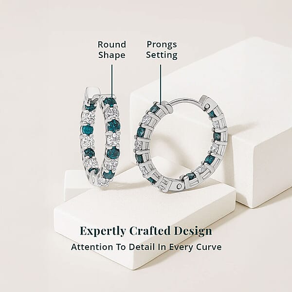 Luxuriant Lab Grown Blue Diamond (IR) And Lab Grown White Diamond SI 1.85 Ctw Midnight Ice Hoop Earrings In Rhodium Over Sterling Silver