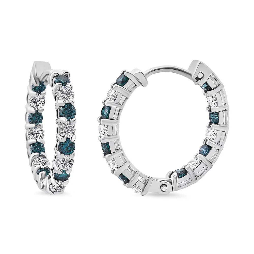 Luxuriant Lab Grown Blue Diamond (IR) And Lab Grown White Diamond SI 1.85 Ctw Midnight Ice Hoop Earrings In Rhodium Over Sterling Silver