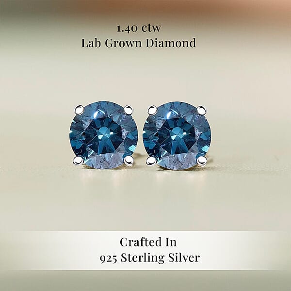Luxuriant Lab Grown Blue Diamond (IR) (SI) 1.40 Ctw Stud Earrings In Platinum Over Sterling Silver