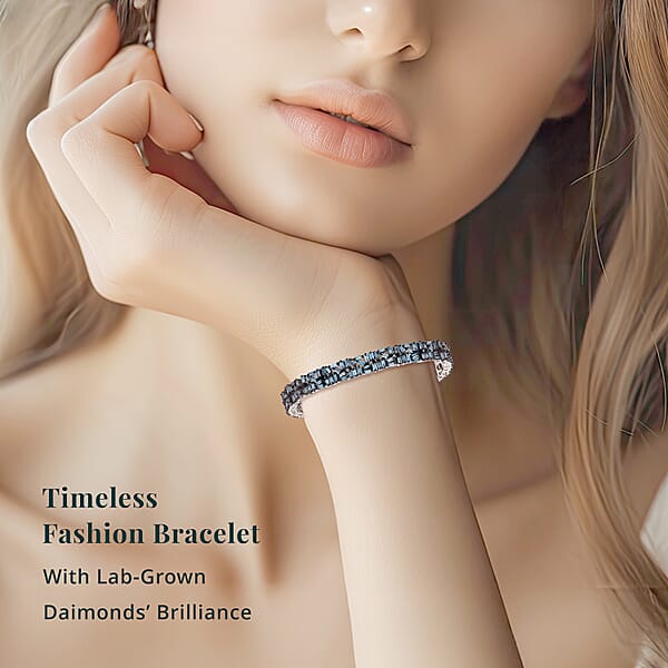 Luxuriant Lab Grown Blue Diamond (IR) SI 5.00 Ctw Art Deco Bracelet In Rhodium Over Sterling Silver (6.50 In)