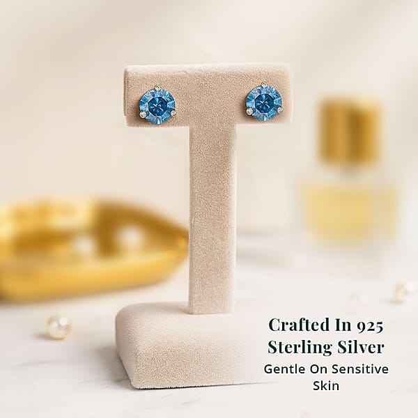 Luxuriant Lab Grown Blue Diamond (IR) VS 1.35 Ctw Stud Earrings In Platinum Over Sterling Silver