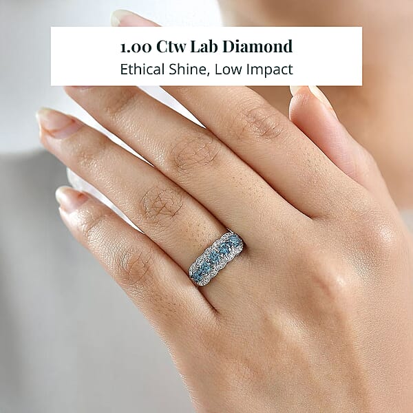 Luxuriant Lab Grown Blue Diamond White Diamond Ring In Rhodium Over Sterling Silver 1.00 Ctw