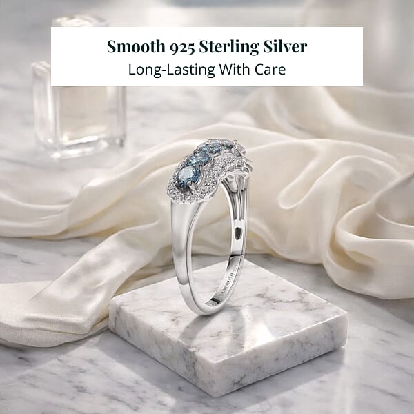 Luxuriant Lab Grown Blue Diamond White Diamond Ring In Rhodium Over Sterling Silver 1.00 Ctw