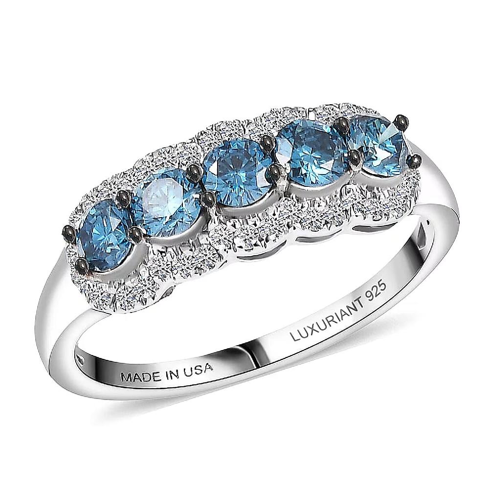 Luxuriant Lab Grown Blue Diamond White Diamond Ring in Rhodium Over Sterling Silver 1.00 ctw