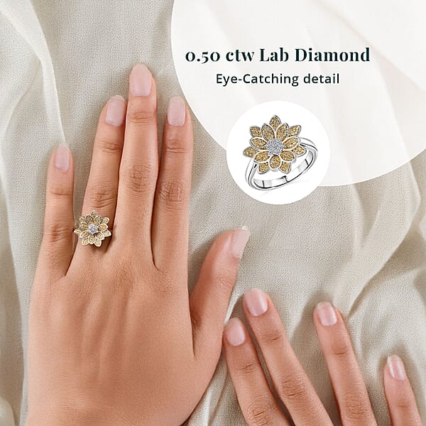 Luxuriant Lab Grown Diamond And Lab Grown Yellow Diamond (IR) SI 0.50 Ctw Sunflower Radiance Ring In Rhodium Over Sterling Silver