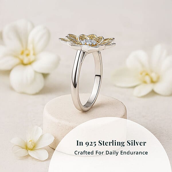 Luxuriant Lab Grown Diamond And Lab Grown Yellow Diamond (IR) SI 0.50 Ctw Sunflower Radiance Ring In Rhodium Over Sterling Silver