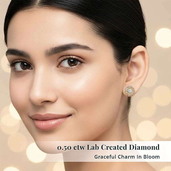Luxuriant Lab Grown Diamond And Lab Grown Yellow Diamond (IR) (SI) 0.50 Ctw Sunflower Radiance Earrings In Rhodium Over Sterling Silver