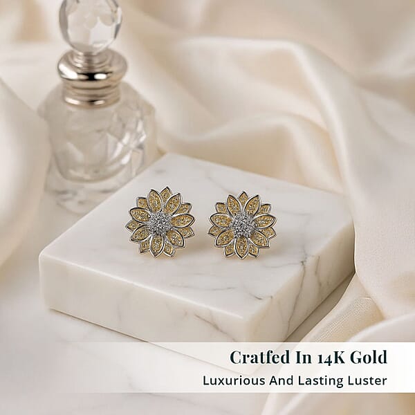 Luxuriant Lab Grown Diamond And Lab Grown Yellow Diamond (IR) (SI) 0.50 Ctw Sunflower Radiance Earrings In Rhodium Over Sterling Silver