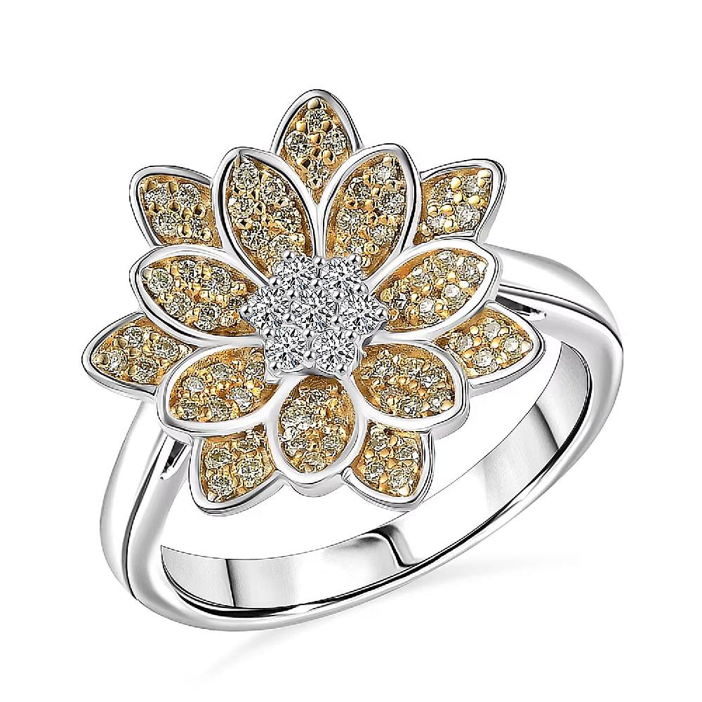 Luxuriant Lab Grown Diamond and Lab Grown Yellow Diamond (IR) SI 0.50 ctw Sunflower Radiance Ring in Rhodium Over Sterling Silver