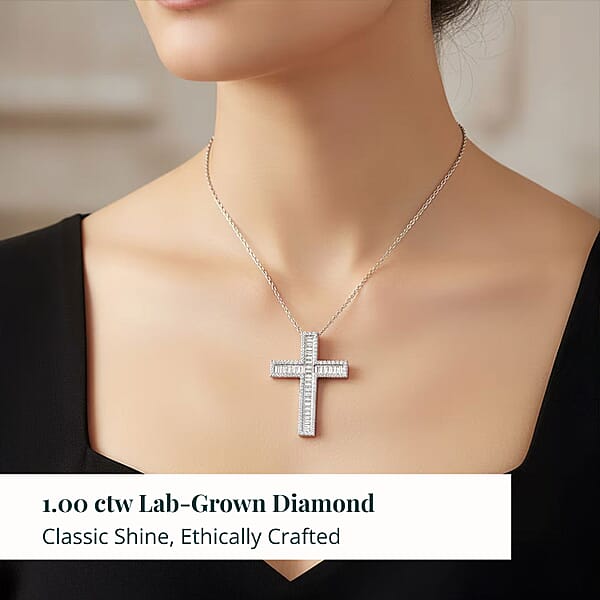 Luxuriant Lab Grown Diamond Cross Pendant Necklace In Rhodium Over Sterling Silver 1.00 Ctw (20 Inches)