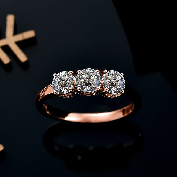 Luxuriant Lab Grown Diamond E-F VS 1.00 Ctw 3 Stone Ring In 18K Vermeil Rose Gold Over Sterling Silver (Del. In 10-12 Days)