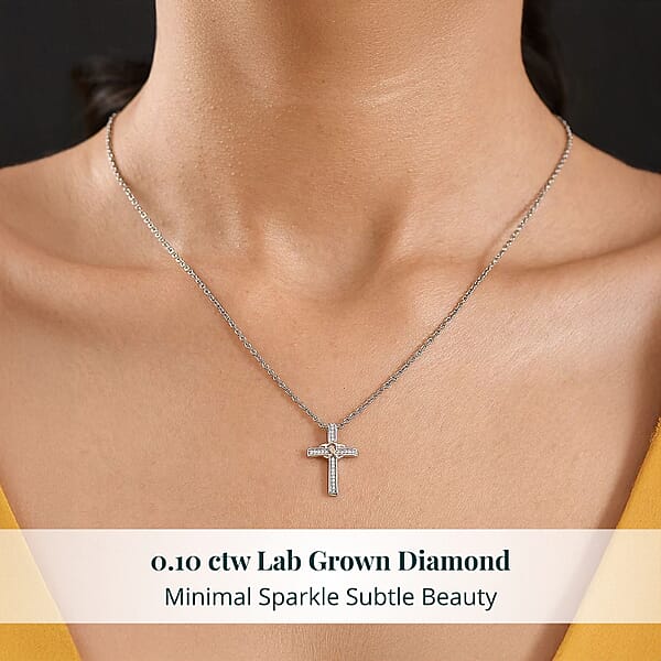 Luxuriant Lab Grown Diamond G-H SI 0.10 Ctw Cross With Love Pendant In 18K Vermeil RG And Rhodium Over Sterling Silver With Stainless Steel Necklace 20 Inches