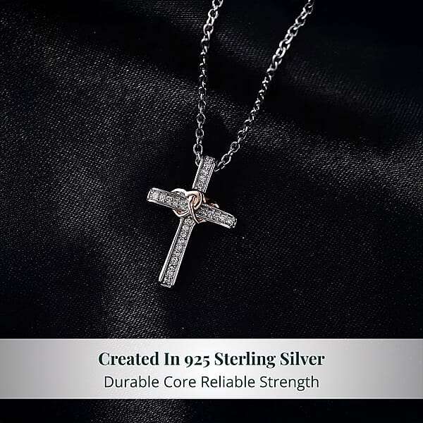 Luxuriant Lab Grown Diamond G-H SI 0.10 Ctw Cross With Love Pendant In 18K Vermeil RG And Rhodium Over Sterling Silver With Stainless Steel Necklace 20 Inches
