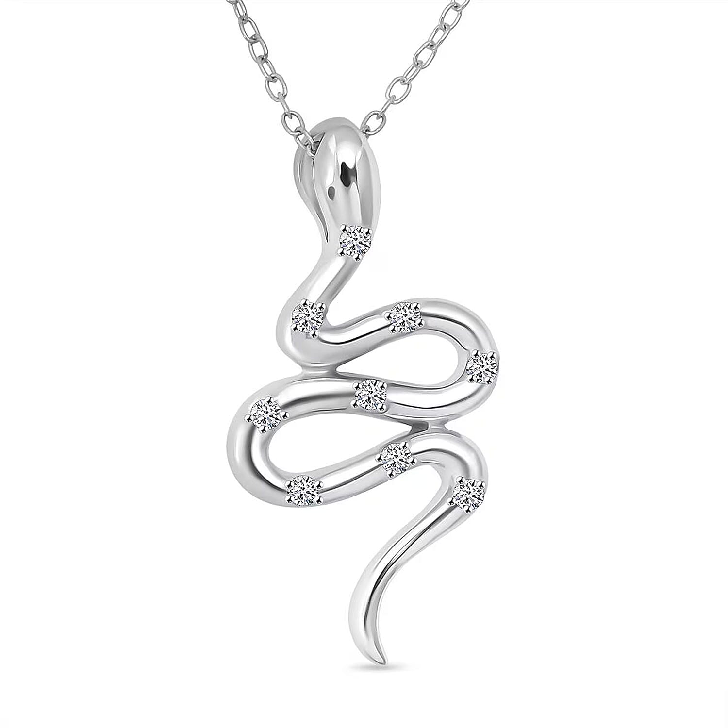 Luxuriant Lab Grown Diamond G-H SI 0.10 ctw Serpent Pendant Necklace in Rhodium Over Sterling Silver 20 Inches