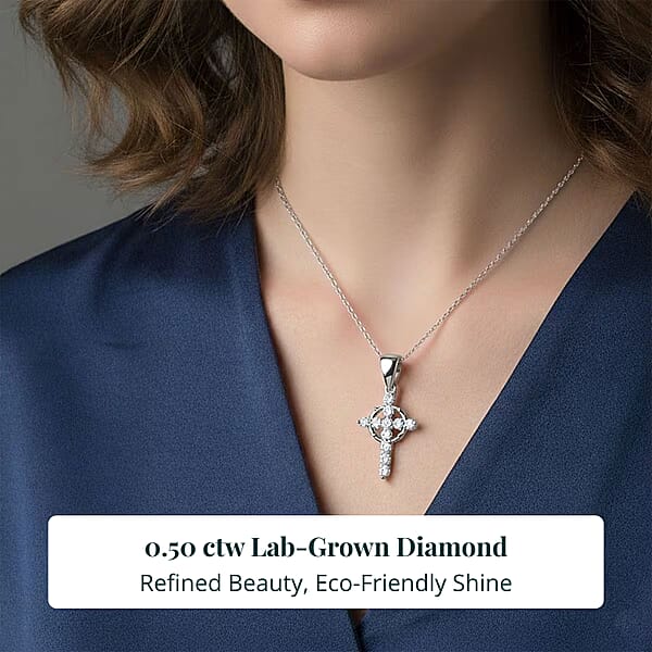Luxuriant Lab Grown Diamond G-H SI 0.50 Ctw Divine Cross Crown Pendant Necklace In Rhodium Over Sterling Silver 20 Inches
