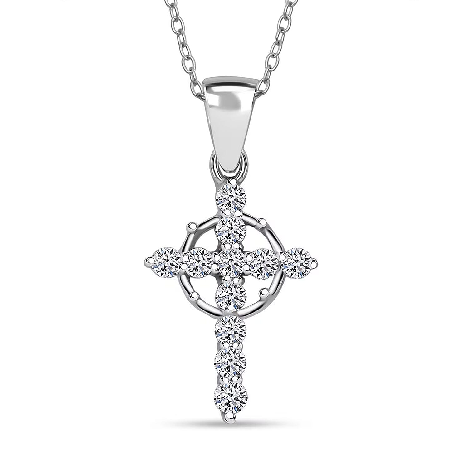 Luxuriant Lab Grown Diamond G-H SI 0.50 ctw Divine Cross Crown Pendant Necklace in Rhodium Over Sterling Silver 20 Inches