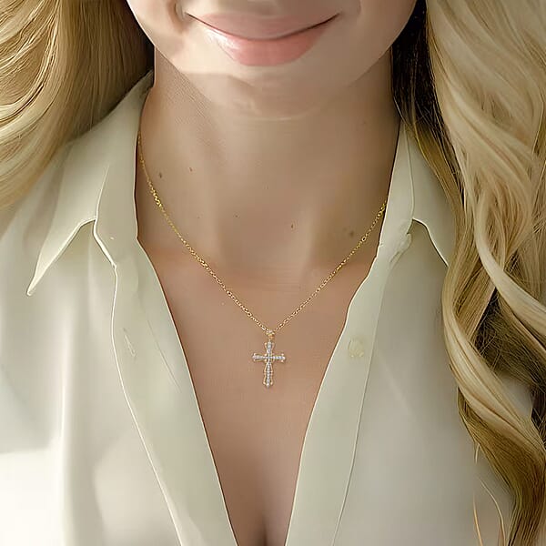Luxuriant Lab Grown Diamond G-H SI 1.00 Ctw Cross Pendant Necklace In 18K Vermeil Yellow Gold Over Sterling Silver 20 Inches