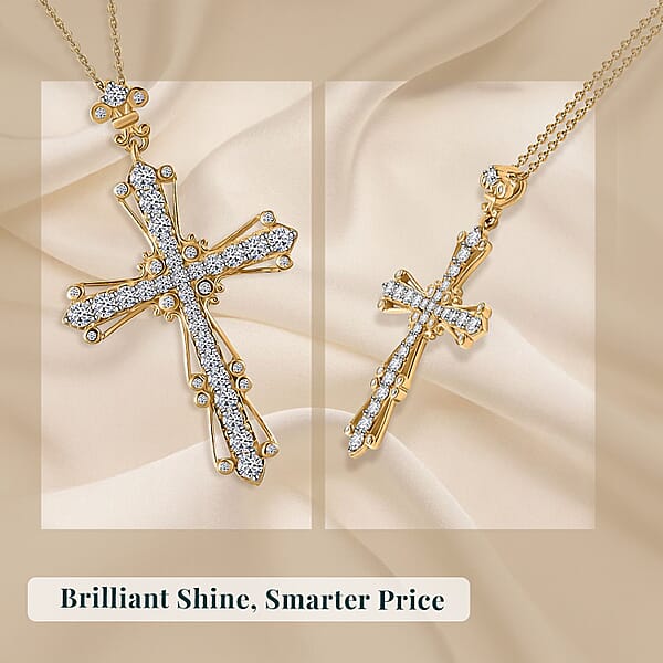 Luxuriant Lab Grown Diamond G-H SI 1.00 Ctw Cross Pendant Necklace In 18K Vermeil Yellow Gold Over Sterling Silver 20 Inches