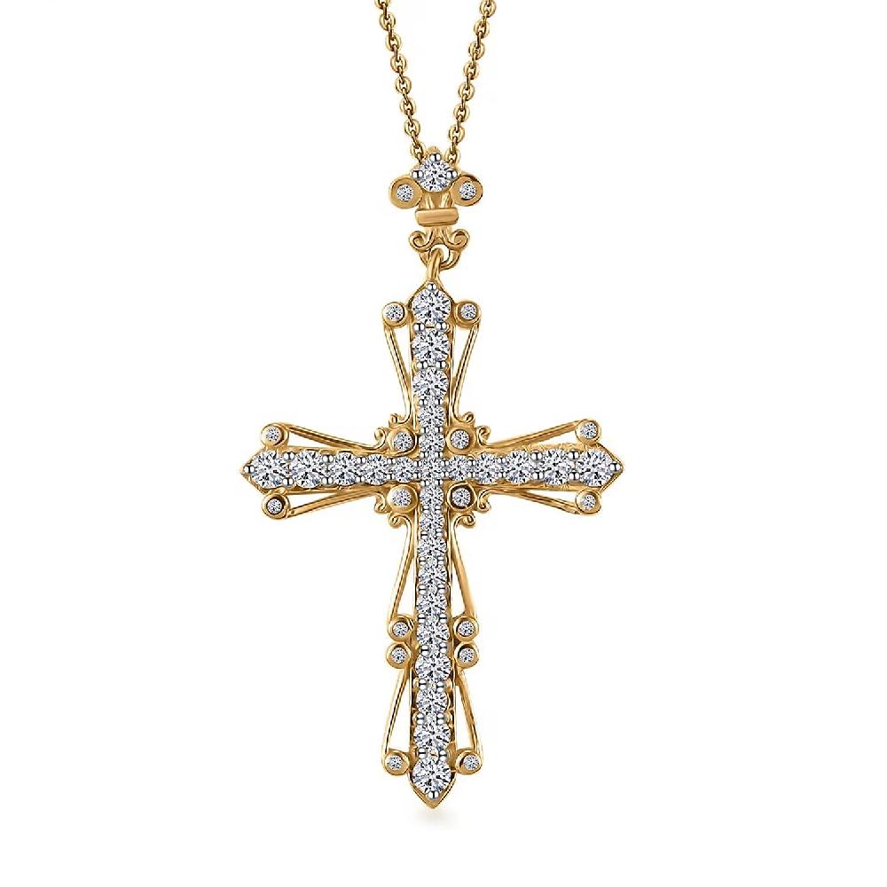 Luxuriant Lab Grown Diamond G-H SI 1.00 ctw Cross Pendant Necklace in 18K Vermeil Yellow Gold Over Sterling Silver 20 Inches