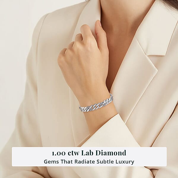 Luxuriant Lab Grown Diamond G-H SI 1.00 Ctw Cuban Link Chain Bracelet In Rhodium Over Sterling Silver (6.50 In)