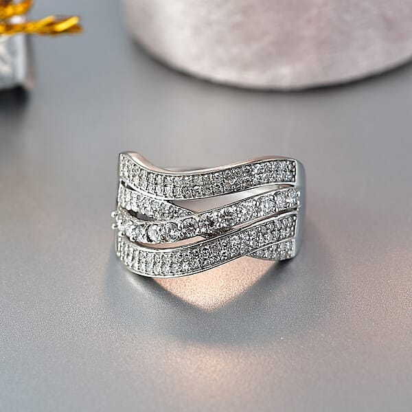 Luxuriant Lab Grown Diamond G-H SI 1.00 Ctw Wave Bridge Ring In Rhodium Over Sterling Silver