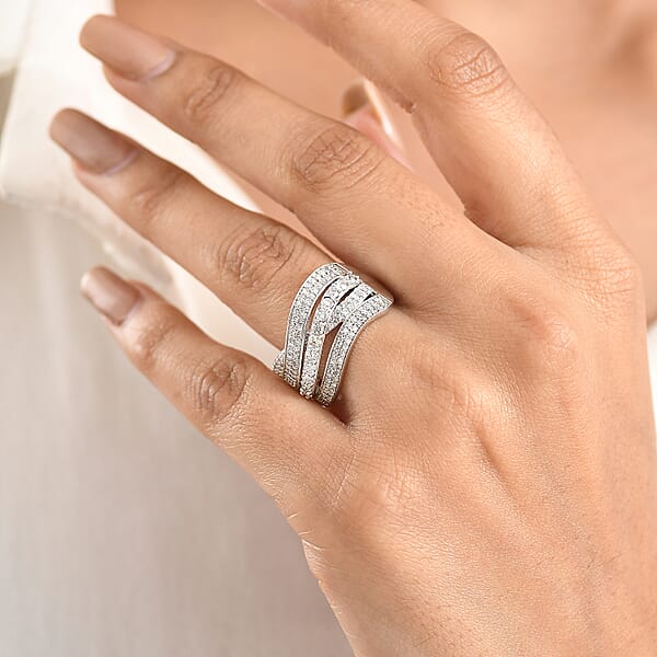 Luxuriant Lab Grown Diamond G-H SI 1.00 Ctw Wave Bridge Ring In Rhodium Over Sterling Silver