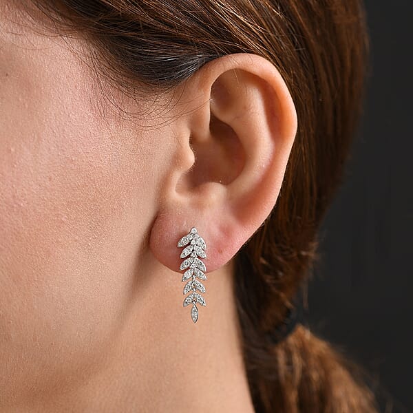 Luxuriant Lab Grown Diamond G-H SI 1.00 Ctw Whispering Leaves Earrings In Rhodium Over Sterling Silver