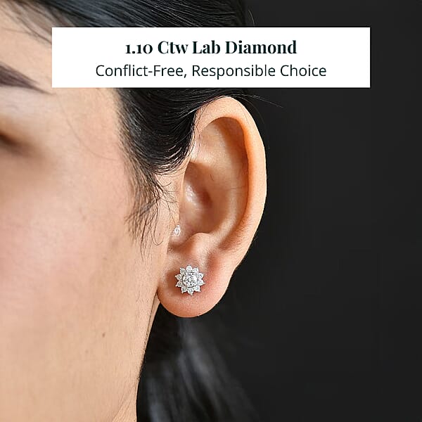 Luxuriant Lab Grown Diamond G-H SI 1.10 Ctw Bloom Halo Studs Earrings In Rhodium Over Sterling Silver