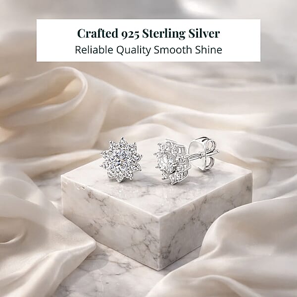 Luxuriant Lab Grown Diamond G-H SI 1.10 Ctw Bloom Halo Studs Earrings In Rhodium Over Sterling Silver