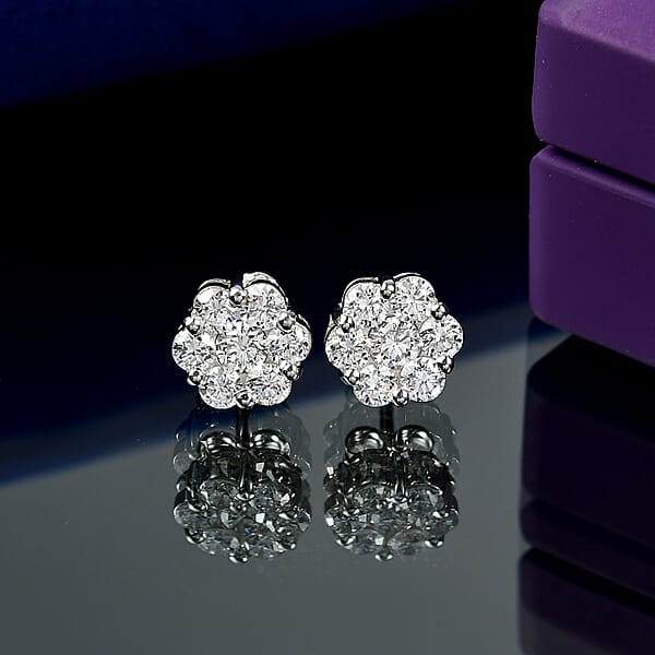 Luxuriant Lab Grown Diamond G-H SI 1.50 Ctw Floral Stud Earrings In Rhodium Over Sterling Silver (Del. In 12-15 Days)