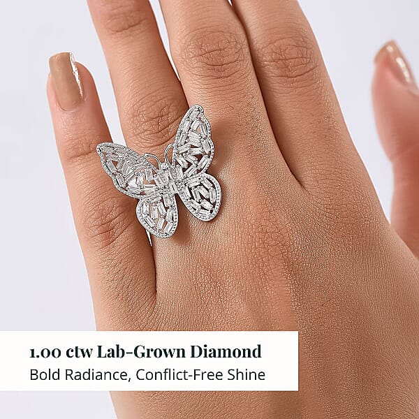 Luxuriant Lab Grown Diamond (G-H SI) Butterfly Ring In Rhodium Over Sterling Silver 1.00 Ctw