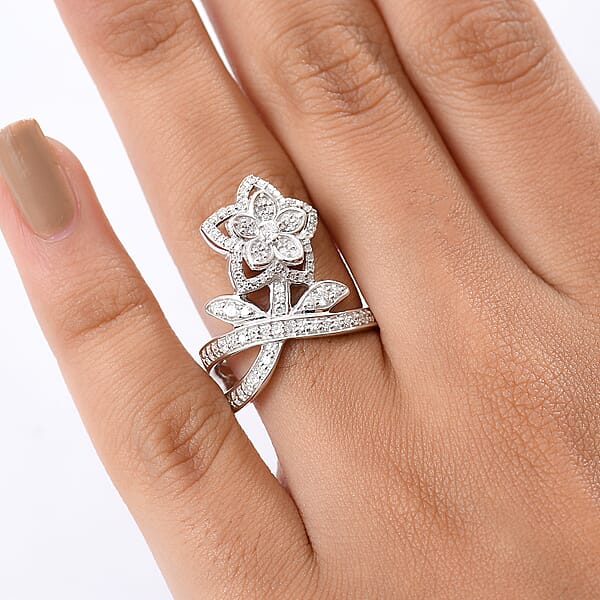 Luxuriant Lab Grown Diamond (G-H SI) Flower Ring In Rhodium Over Sterling Silver 0.75 Ctw