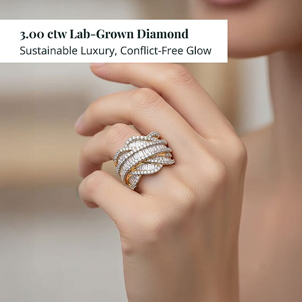 Luxuriant Lab Grown Diamond (G-H SI) Waves Ring In 18K Vermeil YG Over Sterling Silver 3.00 Ctw